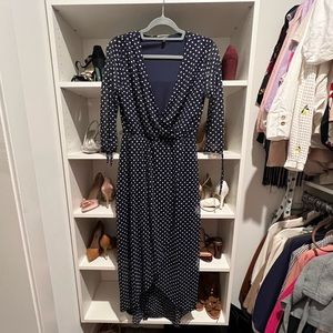 Blue and white polka dot high low dress
